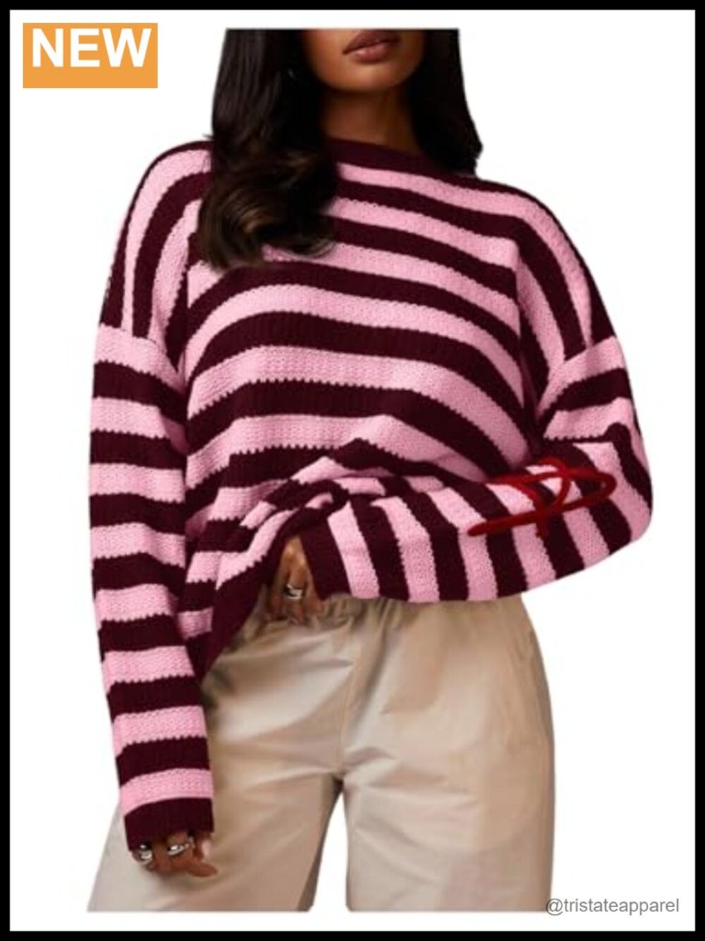 Oversized Chunky Knit Striped Sweater with Embroidery